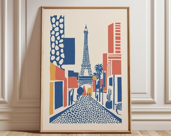 Vegas Poster | Eiffel Tower Art | Blue And Red Abstract Cityscape Print