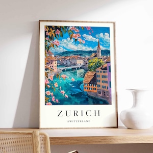 Póster de Zúrich, Impresión de viaje a Suiza, Impresión del lago de Zúrich, Arte mural de una ciudad suiza, Impresión del casco antiguo, Decoración de una ciudad europea, Regalo de viaje a Zúrich