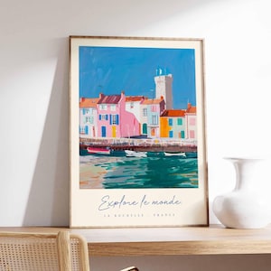 Póster de La Rochelle, impresión de viaje a Francia, impresión de ciudad portuaria, decoración de pueblo costero, arte con vista al mar, póster de ciudad marítima, regalo de viaje a Francia