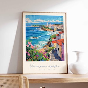 Póster de Biarritz, impresión de viaje a Francia, póster de ciudad costera, arte con vistas al océano Atlántico, decoración de un pueblo surfero, arte vasco francés, regalo de viaje a Francia