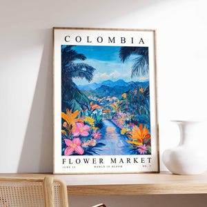 Kolumbien Blumenmarkt Poster, Kolumbien Druck, kolumbianische Blumenwandkunst, Kolumbien Blumendekor, botanischer Druck, Südamerika Reisekunst