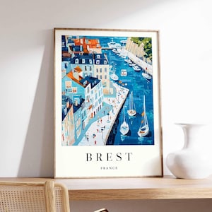 Póster de Brest, impresión de viaje a Francia, impresión artística de ciudad portuaria, arte mural costero francés, decoración con escena marítima de Bretaña, regalo de viaje a Francia