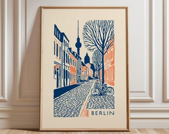 Berlin Travel Poster | Fernsehturm TV Tower Art | Navy and Coral Graphic Print