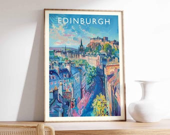 May include: A colorful illustration of Edinburgh, Scotland, featuring the iconic Edinburgh Castle on a hilltop overlooking the city. The illustration is in a vintage travel poster style with a blue sky and white clouds.