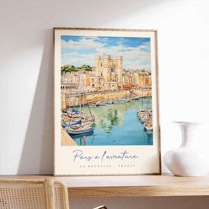 Póster de La Rochelle, impresión de viaje a Francia, impresión de ciudad portuaria, decoración de pueblo costero, arte con vista al mar, póster de ciudad marítima, regalo de viaje a Francia