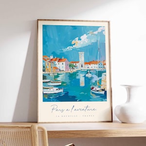 Póster de La Rochelle, impresión de viaje a Francia, impresión de ciudad portuaria, decoración de pueblo costero, arte con vista al mar, póster de ciudad marítima, regalo de viaje a Francia