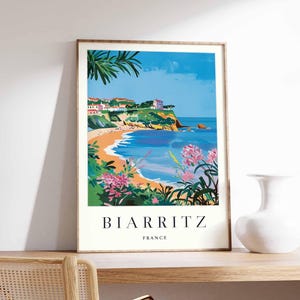 Póster de Biarritz, impresión de viaje a Francia, arte mural vasco francés, decoración de la costa atlántica, póster de surf de Biarritz, impresión de playa europea para el hogar.