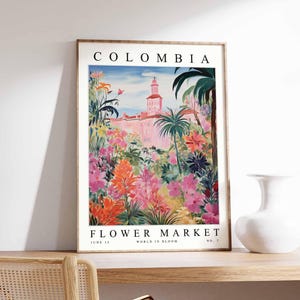 Kolumbien Blumenmarkt Poster, Kolumbien Druck, kolumbianische Blumenwandkunst, Kolumbien Blumendekor, botanischer Druck, Südamerika Reisekunst