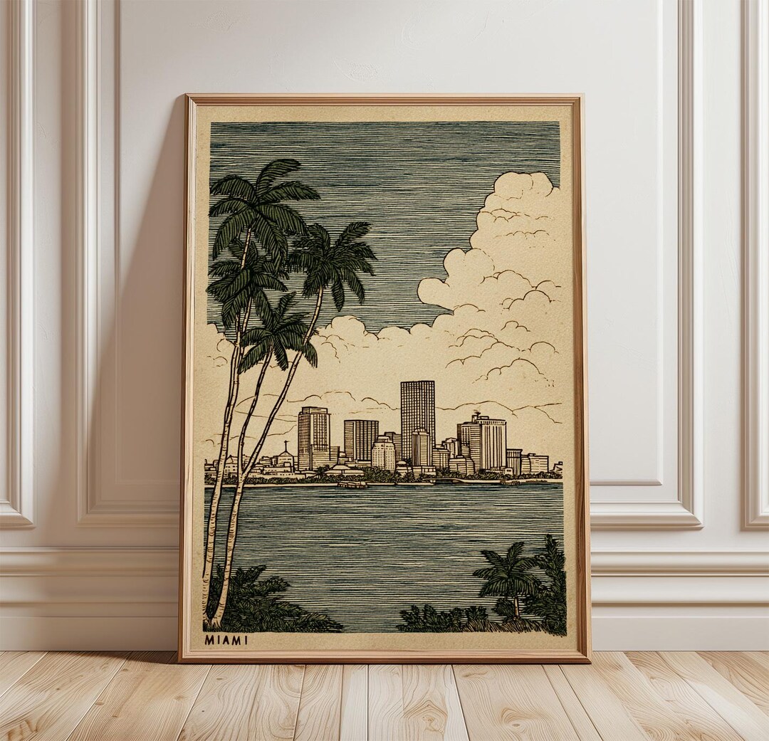 Miami Tree Posters Examples Miami Skyline Poster | Miami Beach Wall Art | Tropical Coastal ...
