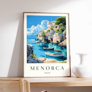 Affiche Minorque, impression voyage Minorque, affiche de voyage en Espagne, décoration tropicale, art de la plage, cadeau de voyage, imprimé floral, décoration côtière