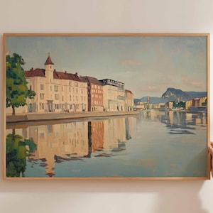Düsseldorf poster, Duitsland reisprint, Duitse stad muurkunst, Rijn decor, Düsseldorf reiskunst, Europese stadsgezicht print