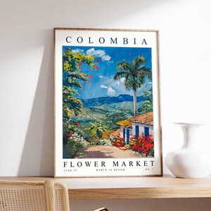 Kolumbien Blumenmarkt Poster, Kolumbien Druck, kolumbianische Blumenwandkunst, Kolumbien Blumendekor, botanischer Druck, Südamerika Reisekunst