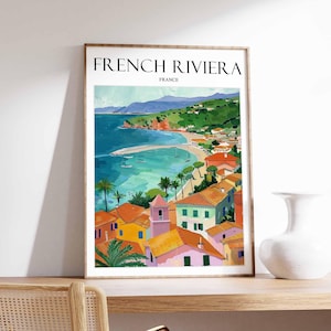 Póster de la Riviera Francesa, Impresión de viaje a la Riviera Francesa, Póster de viaje francés, Decoración tropical, Arte playero, Regalo de viaje, Estampado floral, Arte costero