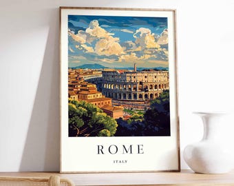 May include: A framed art print featuring a colorful illustration of the Colosseum in Rome, Italy. The artwork showcases the ancient amphitheater with surrounding buildings, lush green trees, and a vibrant sky with fluffy clouds. The word "ROME" and "ITALY" are printed at the bottom.