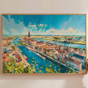 Pôster de Düsseldorf, impressão de viagem pela Alemanha, arte de parede de cidade alemã, decoração do Rio Reno, arte de viagem de Düsseldorf, impressão de paisagem urbana europeia