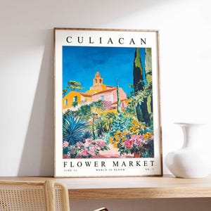 Culiacan bloemenmarkt poster, Culiacan print, Sinaloa bloemenkunst aan de muur, Mexico bloemendecor, botanische poster, Latijns-Amerika reizen print