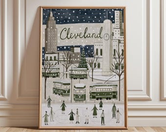 Cleveland Travel Poster | Winter City Print | Snow Scene Wall Art