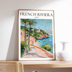 Póster de la Riviera Francesa, Impresión de viaje a la Riviera Francesa, Póster de viaje francés, Decoración tropical, Arte playero, Regalo de viaje, Estampado floral, Arte costero