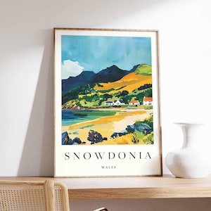 Pôster de Snowdonia, Impressão de viagem de Snowdonia, Pôster de viagem de Gales, Decoração galesa, Arte de viagem britânica, Impressão de campo, Arte de Snowdonia