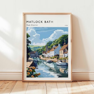 Matlock Bath Poster, Derbyshire Print, Peak District Area Wall Art, UK Travel Decor, Victorian Village Art, English Riverside Print