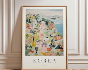 Póster de viaje a Corea: Impresión del paisaje urbano de Seúl, arte mural asiático