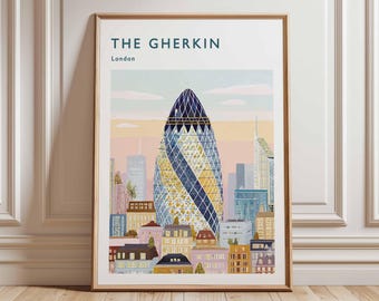 Gherkin Building Print: London Travel Poster, Modern Architecture