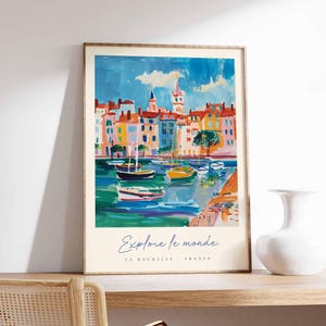 Póster de La Rochelle, impresión de viaje a Francia, impresión de ciudad portuaria, decoración de pueblo costero, arte con vista al mar, póster de ciudad marítima, regalo de viaje a Francia