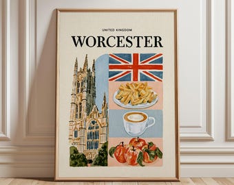 Worcester Travel Poster | United Kingdom City Wall Art | British Cathedral Print