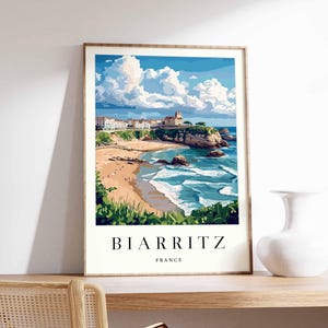 Póster de Biarritz, impresión de viaje a Francia, póster de ciudad costera, arte con vistas al océano Atlántico, decoración de un pueblo surfero, arte vasco francés, regalo de viaje a Francia