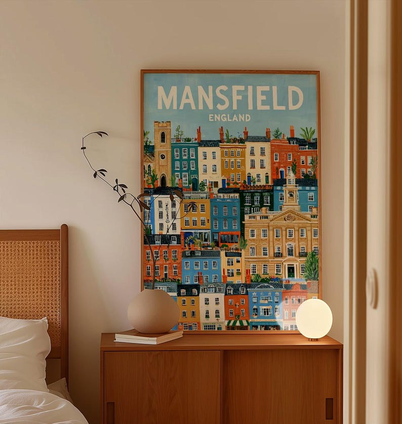 Mansfield England Print | Dense Vertical Cityscape Travel Poster ...
