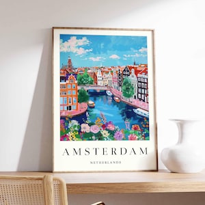 Amsterdam Poster, Amsterdam Canal Print, Netherlands Travel Poster, Dutch City Wall Art, Bicycle Print, European City Decor