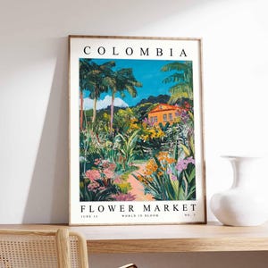 Kolumbien Blumenmarkt Poster, Kolumbien Druck, kolumbianische Blumenwandkunst, Kolumbien Blumendekor, botanischer Druck, Südamerika Reisekunst
