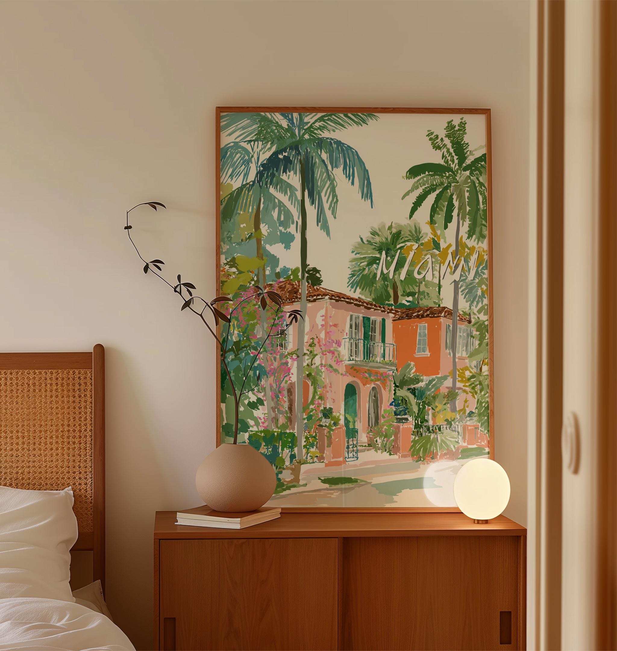 Miami Tree Posters Examples Miami Tropical Skyline Poster | Palm Trees and High Rise Buildings ...