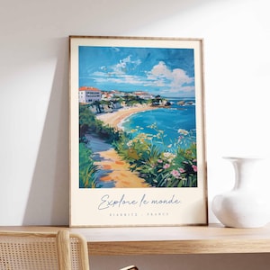 Póster de Biarritz, impresión de viaje a Francia, póster de ciudad costera, arte con vistas al océano Atlántico, decoración de un pueblo surfero, arte vasco francés, regalo de viaje a Francia