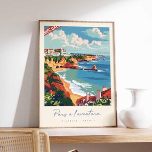 Póster de Biarritz, impresión de viaje a Francia, póster de ciudad costera, arte con vistas al océano Atlántico, decoración de un pueblo surfero, arte vasco francés, regalo de viaje a Francia