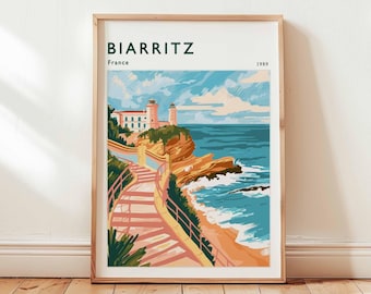 Poster di viaggio di Biarritz, Francia: stampa artistica del surf sulla costa atlantica