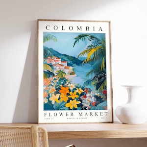Kolumbien Blumenmarkt Poster, Kolumbien Druck, kolumbianische Blumenwandkunst, Kolumbien Blumendekor, botanischer Druck, Südamerika Reisekunst
