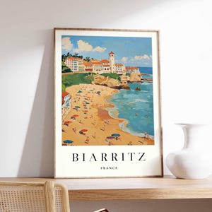 Póster de Biarritz, impresión de viaje a Francia, póster de ciudad costera, arte con vistas al océano Atlántico, decoración de un pueblo surfero, arte vasco francés, regalo de viaje a Francia