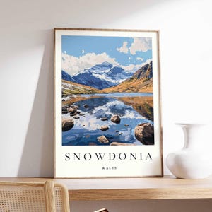 Pôster de Snowdonia, Impressão de viagem de Snowdonia, Pôster de viagem de Gales, Decoração galesa, Arte de viagem britânica, Impressão de campo, Arte de Snowdonia