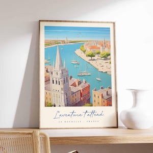 Póster de La Rochelle, impresión de viaje a Francia, impresión de ciudad portuaria, decoración de pueblo costero, arte con vista al mar, póster de ciudad marítima, regalo de viaje a Francia