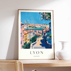 Lyon France Travel Poster: Old Town Rhone River Cityscape Print
