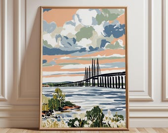 Sweden Oresund Bridge Poster Print | Scandinavian Coastal Landscape Art | Nordic Travel Wall Decor