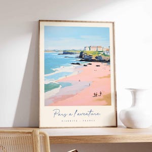 Póster de Biarritz, impresión de viaje a Francia, póster de ciudad costera, arte con vistas al océano Atlántico, decoración de un pueblo surfero, arte vasco francés, regalo de viaje a Francia