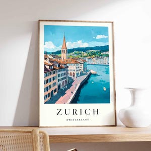 Zurich Poster, Switzerland Travel Print, Lake Zurich Art Print, Old Town Skyline Wall Art, Swiss Alps View Poster,  Switzerland Travel Gift