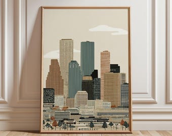Houston Skyline Poster | Texas City Print | Modern Minimal Architecture Wall Art | USA Travel Poster Decor
