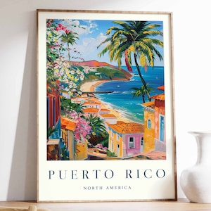 Puerto Rico Travel Poster: Tropical Beach & El Morro Fortress