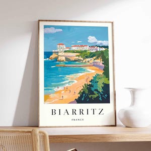 Póster de Biarritz, impresión de viaje a Francia, póster de ciudad costera, arte con vistas al océano Atlántico, decoración de un pueblo surfero, arte vasco francés, regalo de viaje a Francia