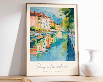 Lake Annecy France Travel Poster: French Alps & Old Town View