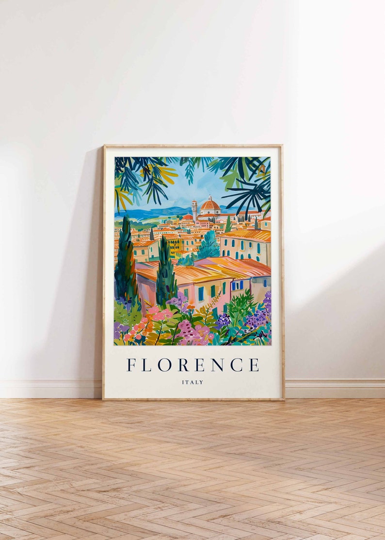 K&ouml;nnte beinhalten: Eine gerahmte Illustration von Florenz, Italien, mit Blick auf die Stadt von einem Garten aus. Die Illustration ist in einem farbenfrohen Stil gemalt, wobei der Fokus auf den Geb&auml;uden und dem Laub liegt.