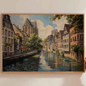 Düsseldorf poster, Duitsland reisprint, Duitse stad muurkunst, Rijn decor, Düsseldorf reiskunst, Europese stadsgezicht print